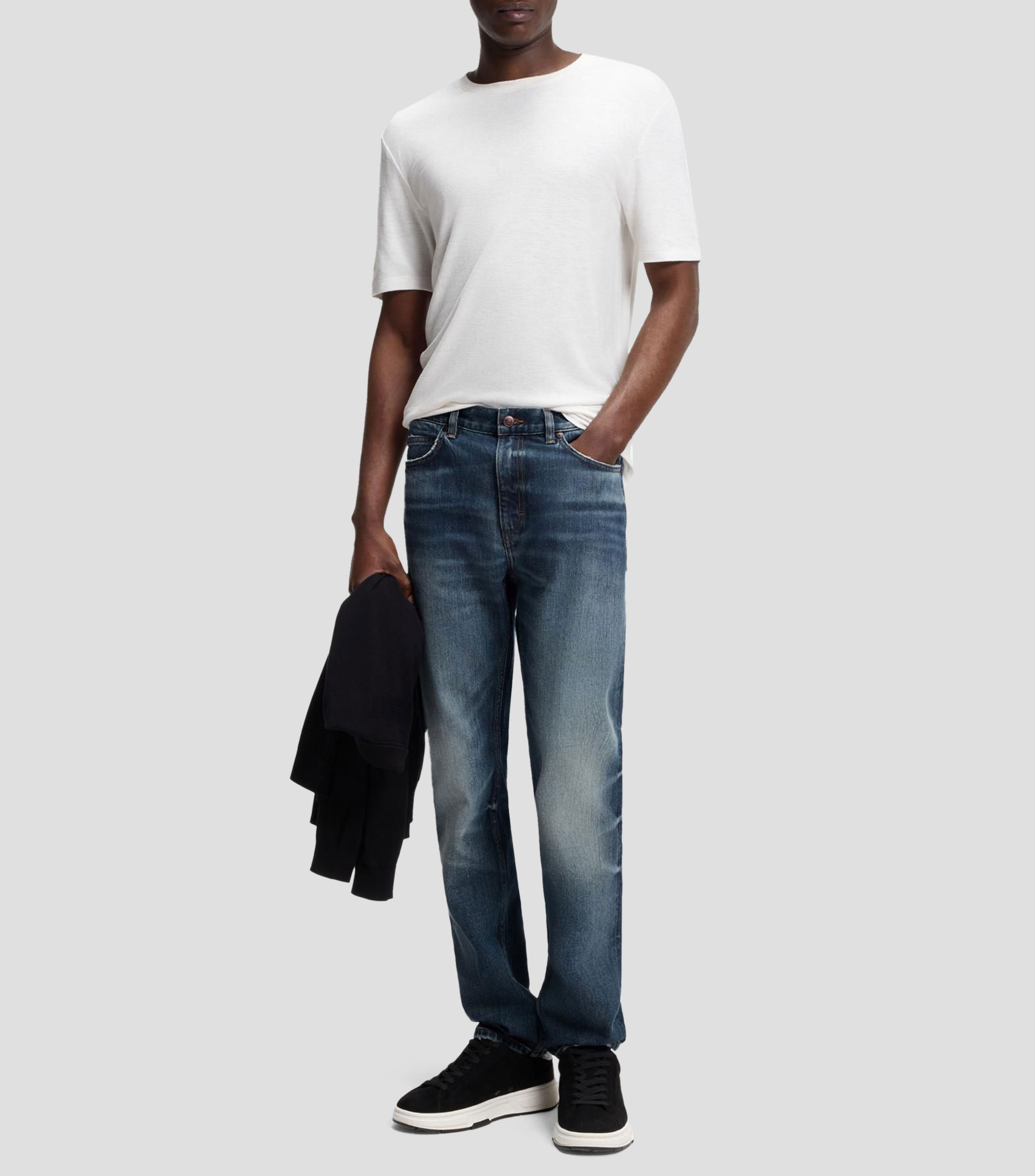 Jeans slim fit en denim elástico azul oscuro desgastado Hombre